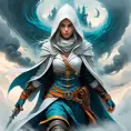 White hooded female assassin emerging from the fog of war, Highly Detailed, Vibrant Colors, Ink Art, Fantasy, Dark by Peter Mohrbacher