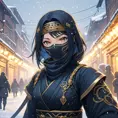 Wallpaper of a mysterious beautiful masked kunoichi ninja wearing eyeliner and gold jewelry in the streets of a dark snowy town in moscow, fluid motion, 8k, Intricate Details, Trending on Artstation, Beautiful, Stunning, Centered by Stanley Artgerm Lau, WLOP