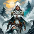 White hooded female assassin emerging from the fog of war, Highly Detailed, Vibrant Colors, Ink Art, Fantasy, Dark by Peter Mohrbacher