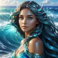 "magical ocean goddess", water, spray, waves, flowing hair, head and shoulders portrait, finely drawn eyes, 8k, Fantasy