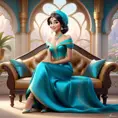 Fashion Illustration Style, A Woman in a headscarf Sitting on a sofa on a fairy-tale Background, Smiling like a Fairy Queen, Princess Jasmine, Photorealistic Disney, Disney Photos are Realistic, Princess Portrait, Disney-style Art, Beautiful Genie Girl, Disney Rendering, Disney Animation Style, Isabella Moner, Ivan Talavera Style and Artgerm, portrait of the Disney Veta, 8k, Highly Detailed, Intricate, Realistic, Sharp Focus, Volumetric Lighting, Fantasy, Elegant by Stanley Artgerm Lau, Alphonse Mucha, WLOP, Stefan Kostic