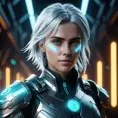 Portrait of Ciri as a Cyborg, 8k, Highly Detailed, Intricate, Intricate Artwork, Symmetry, Trending on Artstation, Cinematic Lighting, Octane Render, Iridescence, Abstract colors, Realism by Beeple, Dan Mumford, Greg Rutkowski, WLOP