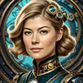 Steampunk portrait of Rosamund Pike, Highly Detailed, Intricate, Artstation, Beautiful, Digital Painting, Sharp Focus, Concept Art, Elegant