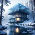 Grand futuristic glass cabin in the woods surrounded by a lake in winter, Atmospheric, Highly Detailed, Intricate, Trending on Artstation, Stunning, Realistic, Unreal Engine, Dynamic Lighting, Radiant, Fantasy by Greg Rutkowski