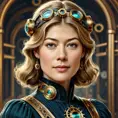 Steampunk portrait of Rosamund Pike, Highly Detailed, Intricate, Artstation, Beautiful, Digital Painting, Sharp Focus, Concept Art, Elegant