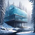 Grand futuristic glass cabin in the woods surrounded by a lake in winter, Atmospheric, Highly Detailed, Intricate, Trending on Artstation, Stunning, Realistic, Unreal Engine, Dynamic Lighting, Radiant, Fantasy by Greg Rutkowski