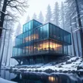 Grand futuristic glass cabin in the woods surrounded by a lake in winter, Atmospheric, Highly Detailed, Intricate, Trending on Artstation, Stunning, Realistic, Unreal Engine, Dynamic Lighting, Radiant, Fantasy by Greg Rutkowski