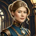 Steampunk portrait of Rosamund Pike, Highly Detailed, Intricate, Artstation, Beautiful, Digital Painting, Sharp Focus, Concept Art, Elegant