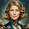 Steampunk portrait of Rosamund Pike, Highly Detailed, Intricate, Artstation, Beautiful, Digital Painting, Sharp Focus, Concept Art, Elegant