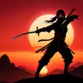 Silhouette of a ninja assassin with her drawn daggers in front of a red sunset, Ambient Lighting, Fantasy, Dark