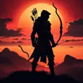 Silhouette of an archer assassin in front of a red sunset, Ambient Lighting, Fantasy, Dark