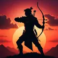 Silhouette of an archer assassin in front of a red sunset, Ambient Lighting, Fantasy, Dark