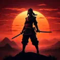 Silhouette of a ninja assassin with her drawn daggers in front of a red sunset, Ambient Lighting, Fantasy, Dark