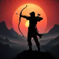 Silhouette of an archer assassin in front of a red sunset, Ambient Lighting, Fantasy, Dark