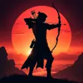 Silhouette of an archer assassin in front of a red sunset, Ambient Lighting, Fantasy, Dark