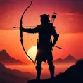 Silhouette of an archer assassin in front of a red sunset, Ambient Lighting, Fantasy, Dark