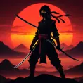 Silhouette of a ninja assassin with her drawn daggers in front of a red sunset, Ambient Lighting, Fantasy, Dark