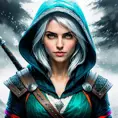 Hooded Ciri from the Witcher emerging from the fog of war, ink splash, Highly Detailed, Vibrant Colors, Ink Art, Fantasy, Dark by Stanley Artgerm Lau