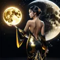 Full body back of an Asian goddess in a black and gold backless dress holding a fan in one hand. A fantastically large moon background, detailed gorgeous face, natural skin, fire and ice, splatter, black ink, liquid melting, dreamy, glowing, glamour, glimmer, shadows, ominous, golden ratio, production cinematic character render, ultra high quality model, 8k, Highly Detailed, Intricate, Masterpiece, Oil on Canvas, Sharp Focus, Smooth, Unreal Engine, Glamour Shot, Vibrant Colors, Ominous