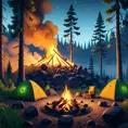 A highly detailed matte painting of a camp fire in the forest at night in the style of Firewatch, 4k resolution, Masterpiece, Trending on Artstation, Volumetric Lighting