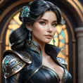 Alluring matte portrait of a beautiful Sona in black leather, 8k, Highly Detailed, Intricate, Half Body, Realistic, Sharp Focus, Volumetric Lighting, Fantasy, Elegant by Stanley Artgerm Lau, Alphonse Mucha, WLOP, Stefan Kostic