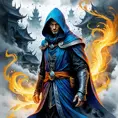 Hooded Mage emerging from the fog of war, ink splash, Highly Detailed, Vibrant Colors, Ink Art, Fantasy, Dark by Stanley Artgerm Lau