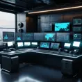 A dark industrial desk from the future with many monitors, Photo Realistic, Volumetric light effect, Octane Render, Unreal Engine, Ambient Occlusion, Maximalism, Industrial by Beeple