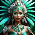 Visionary painting of an alluring mystical tribal goddess surrounded by feathers and emerald gemstones, 8k, Highly Detailed, Intricate, Artstation, Matte Painting, Sharp Focus, Volumetric Lighting, Concept Art by Stanley Artgerm Lau, Greg Rutkowski