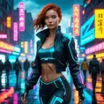 full body shot, beautiful woman walking with beatiful and detailed eyes, dynamic pose, slightly athletic beatiful body, medium-sized chest, detailed attire, Hyper Detailed, Intricate Artwork, Masterpiece, Cybernatic and Sci-Fi, Cyberpunk, Freckles, Full Lips, Red Hair, Smiling, Digital Illustration, Cityscape, Blade Runner 2049, Neon light effect, Realistic, Sharp Focus, Wide Angle, Neon, Dripping Colors, Matte, Futurism, Artwork, Dieselpunk, Colorful, Dynamic, Elegant, Expressive, Graceful, Hot, Gloomy, Sad, Stormy, Terrifying, Tired