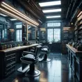 inside of a cyberpunk barber shop, 8k, Dystopian, High Definition, Highly Detailed, Hyper Detailed, Intricate, Intricate Artwork, Intricate Details, Ultra Detailed, Cgsociety, Cybernatic and Sci-Fi, Post-Apocalyptic, Futuristic, Sci-Fi, Science Fiction, Matte Painting, Sharp Focus by Stefan Kostic