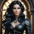 Alluring matte portrait of a beautiful Yennefer in black leather, 8k, Highly Detailed, Intricate, Half Body, Realistic, Sharp Focus, Volumetric Lighting, Fantasy, Elegant by Stanley Artgerm Lau, Alphonse Mucha, WLOP, Stefan Kostic