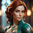 Matte portrait of Triss Merigold with tattoos, 8k, Highly Detailed, Alluring, Artstation, Bokeh effect, Sharp Focus, Volumetric Lighting, Concept Art by Stanley Artgerm Lau, Greg Rutkowski