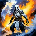 White Assassin emerging from a firey fog of battle, ink splash, Highly Detailed, Vibrant Colors, Ink Art, Fantasy, Dark by Tim Hildebrandt