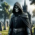 Portrait of the grim reaper in a graveyard, 8k, Gothic and Fantasy, Elden Ring, Photo Realistic, Dynamic Lighting by Greg Rutkowski