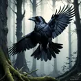 Raven in a haunted forest, Highly Detailed, Intricate, Gothic, Volumetric Lighting, Fantasy, Dark by Stanley Artgerm Lau