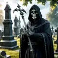 Portrait of the grim reaper in a graveyard, 8k, Gothic and Fantasy, Elden Ring, Photo Realistic, Dynamic Lighting by Greg Rutkowski