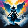 Silhouette of an Angel emerging from the fog of war, ink splash, Highly Detailed, Vibrant Colors, Ink Art, Fantasy, Dark by Stanley Artgerm Lau