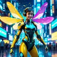 A Cyberpunk half bee and half Human girl with vizor, Cybernatic and Sci-Fi, Cityscape, Bloom light effect, Colorful, Ecstatic, Exciting, Joyful