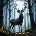 Deer in a haunted forest, Highly Detailed, Intricate, Gothic, Volumetric Lighting, Fantasy, Dark by Stanley Artgerm Lau