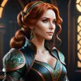 Alluring matte portrait of a beautiful Triss Merigold in black leather, 8k, Highly Detailed, Intricate, Half Body, Realistic, Sharp Focus, Volumetric Lighting, Fantasy, Elegant by Stanley Artgerm Lau, Alphonse Mucha, WLOP, Stefan Kostic