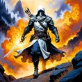 White Assassin emerging from a firey fog of battle, ink splash, Highly Detailed, Vibrant Colors, Ink Art, Fantasy, Dark by Tim Hildebrandt