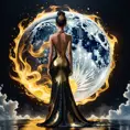 Full body back of an Asian goddess in a black and gold backless dress holding a fan in one hand. A fantastically large moon background, detailed gorgeous face, natural skin, fire and ice, splatter, black ink, liquid melting, dreamy, glowing, glamour, glimmer, shadows, ominous, golden ratio, production cinematic character render, ultra high quality model, 8k, Highly Detailed, Intricate, Masterpiece, Oil on Canvas, Sharp Focus, Smooth, Unreal Engine, Glamour Shot, Vibrant Colors, Ominous