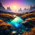 Iridescent opalescent landscape, warm tones, 8k, Award-Winning, Highly Detailed, Beautiful, Octane Render, Unreal Engine, Bioluminescent, Radiant, Volumetric Lighting by Michal Karcz