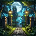 A beautiful digital illustration painting of a detailed gothic fantasy fireflies forest trees and iron gate cobblestone pathway vines full moon, 8k, Artstation, Digital Illustration, Concept Art by Justin Gerard, James Gurney