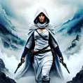 White hooded female assassin emerging from the fog of war, Highly Detailed, Vibrant Colors, Ink Art, Fantasy, Dark by Aliza Razell