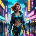 full body shot, beautiful woman walking with beatiful and detailed eyes, dynamic pose, slightly athletic beatiful body, medium-sized chest, detailed attire, Hyper Detailed, Intricate Artwork, Masterpiece, Cybernatic and Sci-Fi, Cyberpunk, Freckles, Full Lips, Red Hair, Smiling, Digital Illustration, Cityscape, Blade Runner 2049, Neon light effect, Realistic, Sharp Focus, Wide Angle, Neon, Dripping Colors, Matte, Futurism, Artwork, Dieselpunk, Colorful, Dynamic, Elegant, Expressive, Graceful, Hot, Gloomy, Sad, Stormy, Terrifying, Tired