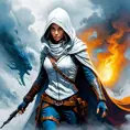 Female white hooded Assassin emerging from the fog of war, Highly Detailed, Vibrant Colors, Ink Art, Fantasy, Dark by Stefan Kostic