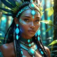 Closeup of a beautiful tribal goddess in a magical forest, 4k, Highly Detailed, Masterpiece, Pretty Face, Digital Illustration, Cinematic Lighting, Realistic, Sharp Focus, Centered, Beautifully Lit, Bioluminescent by Stanley Artgerm Lau