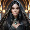 Alluring matte portrait of a beautiful veiled Yennefer wearing a black veil with long straight hair, 8k, Highly Detailed, Intricate, Half Body, Realistic, Sharp Focus, Volumetric Lighting, Fantasy, Elegant by Stanley Artgerm Lau, Alphonse Mucha, WLOP