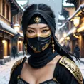 Alluring portrait of a mysterious beautiful masked kunoichi ninja wearing eyeliner and gold jewelry in the streets of a dark snowy town in moscow, fluid motion, 8k, Intricate Details, Trending on Artstation, Beautiful, Stunning by Stanley Artgerm Lau, WLOP